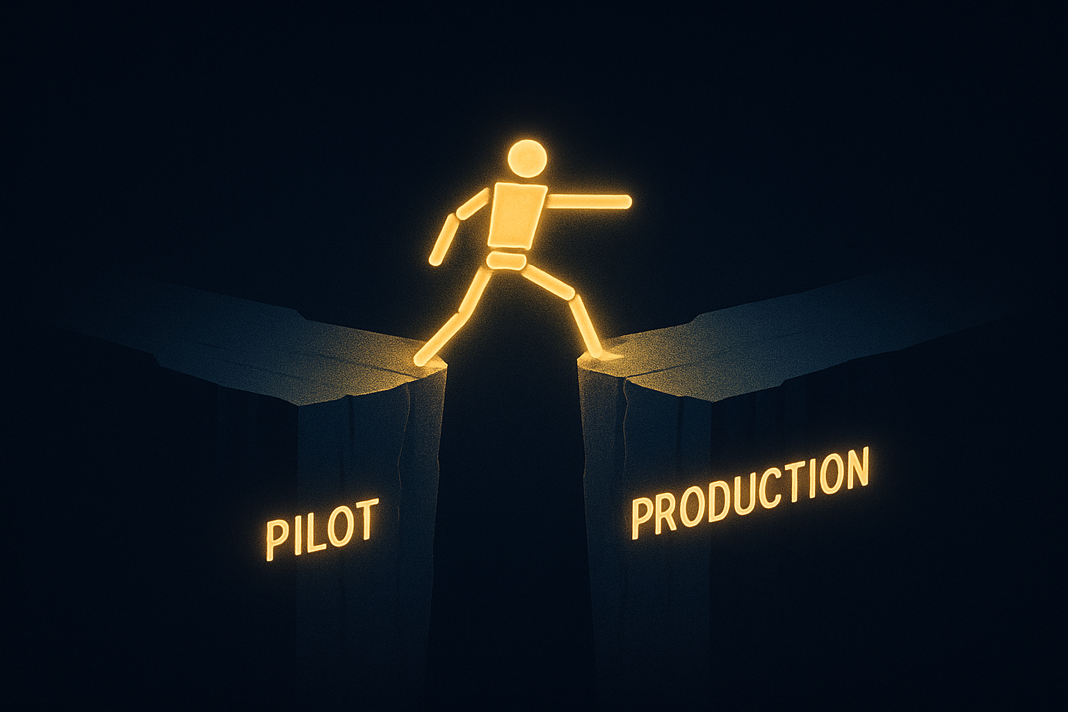 光り輝く棒人間が、片足を「PILOT」、もう片足を「PRODUCTION」の上に置き、これらの用語が記された2つの崖の間の隙間をまたいで立っている。.