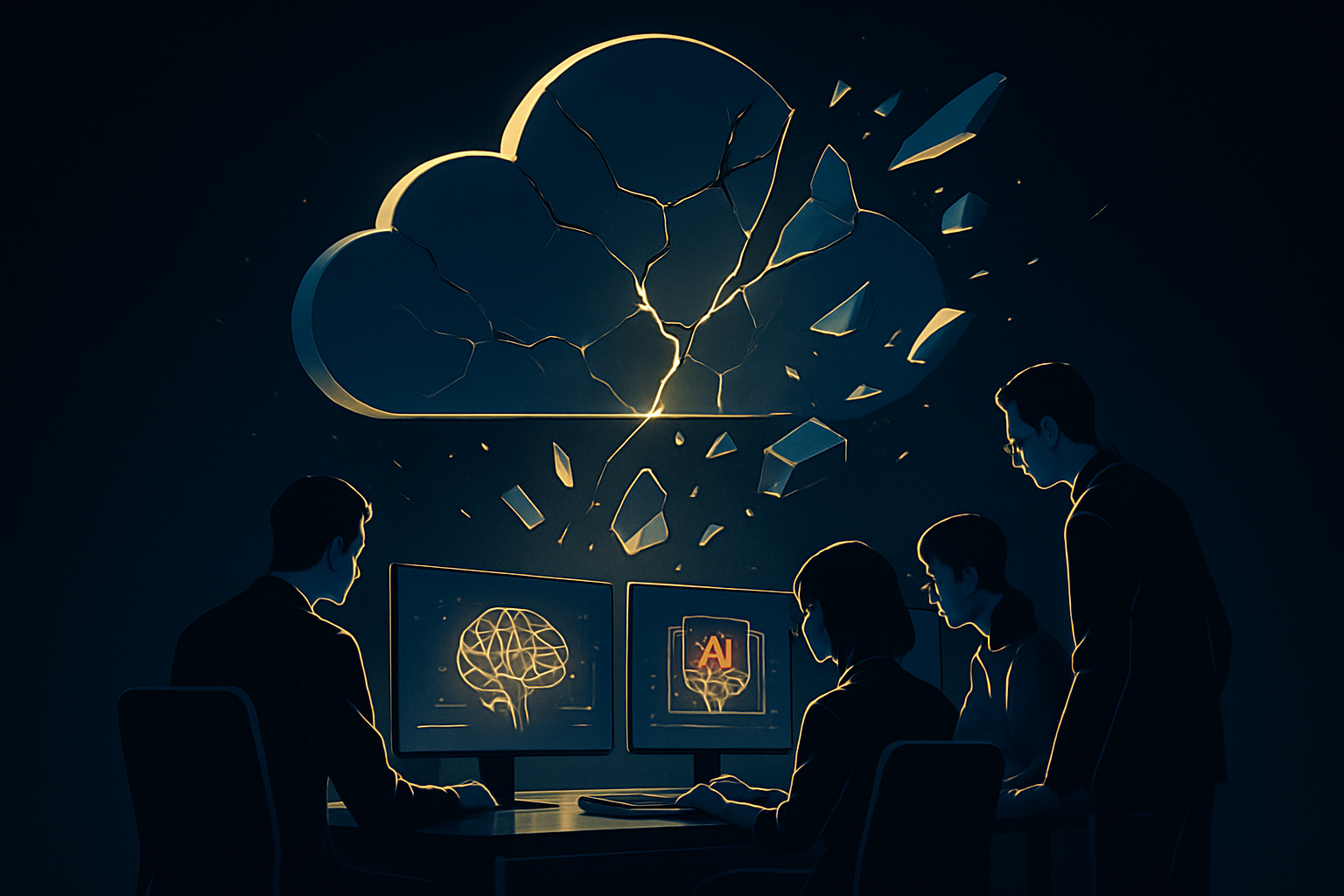 4人が机に座り、コンピューターのモニターに映し出されたAIや脳の図表を眺めている。その頭上には、ひび割れた大きな雲のシンボルが浮かんでおり、サイバー攻撃やデータ漏洩のシナリオを連想させる。.