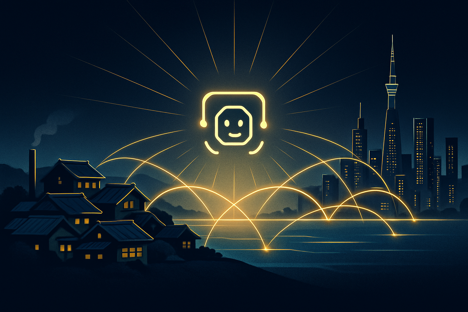 夜の街や村の上空に浮かぶ、光り輝くロボットの顔のイラスト。建物同士を弧を描くように結ぶ光の線が、デジタル接続やAIによるコミュニケーションを象徴している。.