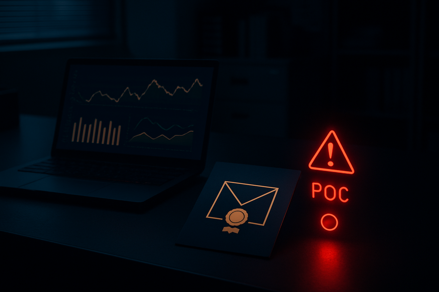 暗い机の上には、金融チャートを表示したノートパソコンが置かれており、その横には「POC」と書かれた警告三角マークや、メダルが入った封筒など、光り輝くアイコンが並んでいる。.