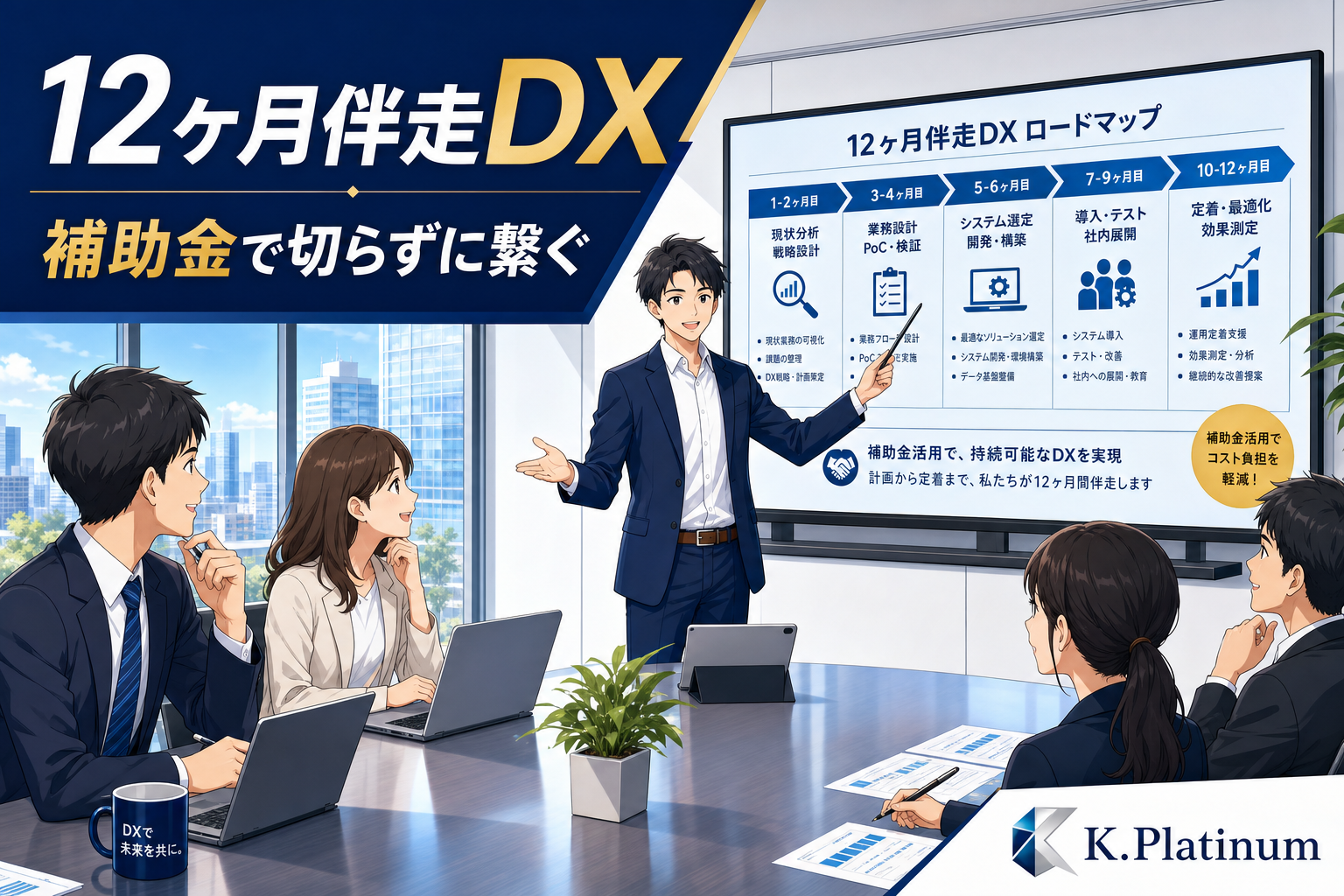 会議室で、ビジネスプロフェッショナルが、テーブルの上にノートパソコンや資料を並べた状態で、3人の同僚に向けて、スクリーンに映し出された12か月のDXロードマップを説明している。.