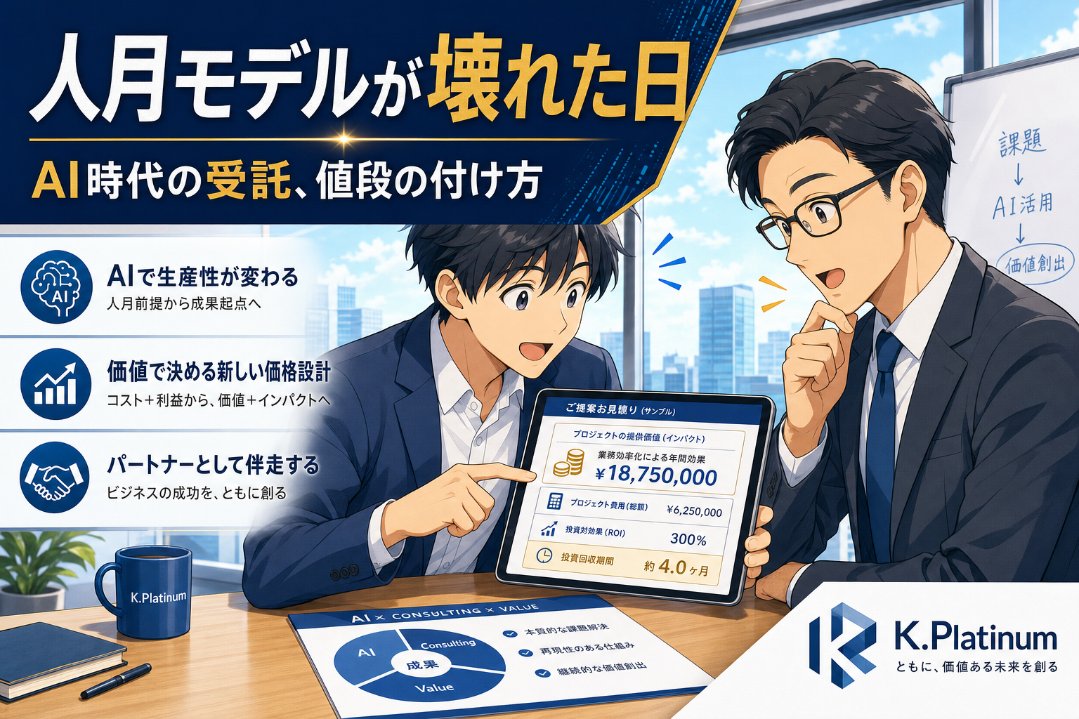 書類やタブレットが置かれたデスクで、2人のビジネスマンがAIコンサルティングの料金について話し合っている。背景には、AIやビジネスの成長を表すアイコン、そして「価値」や「パートナーシップ」に関する日本語のテキストが映し出されている。.