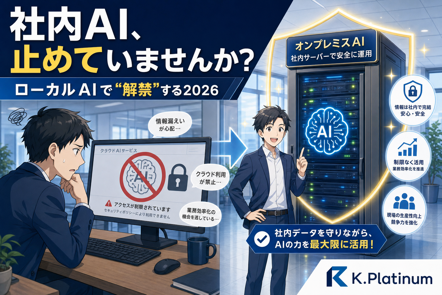 K.Platinumが制作した、企業向けの安全なローカルAIソリューションを宣伝する日本の広告。イラストの男性と、AIの導入、セキュリティ、データ管理に関する図表が掲載されている。.