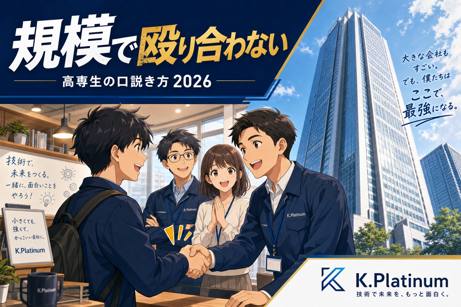 K.Platinumの制服を着た4人の若手社会人が、街並みや高層ビルが見えるオフィスで握手を交わし、笑顔を見せている。この光景は、現代のビジネス環境におけるチームワークと協力を彷彿とさせる。.