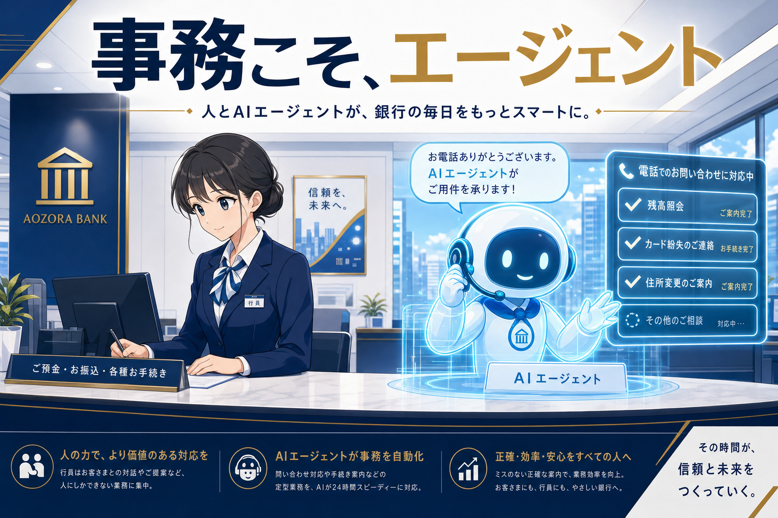 銀行のAIエージェントが顧客をオンラインでサポートする。日本語のテキストでは、現代的なオフィス環境において人間とAIのサポートを融合させたスマートバンキングサービスとそのメリットについて解説している。.