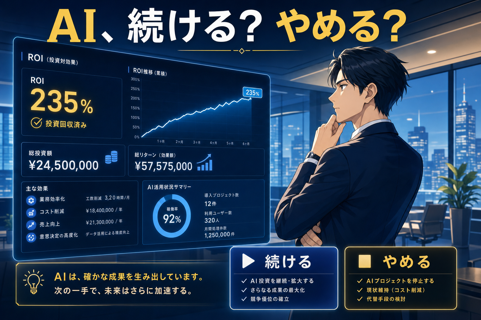 あるビジネスマンが夜、オフィスに立ち、大型デジタルスクリーンに映し出されたAI投資の統計データを確認している。画面の下部には、AIプロジェクトを継続するか中止するかという選択肢が強調表示されている。.