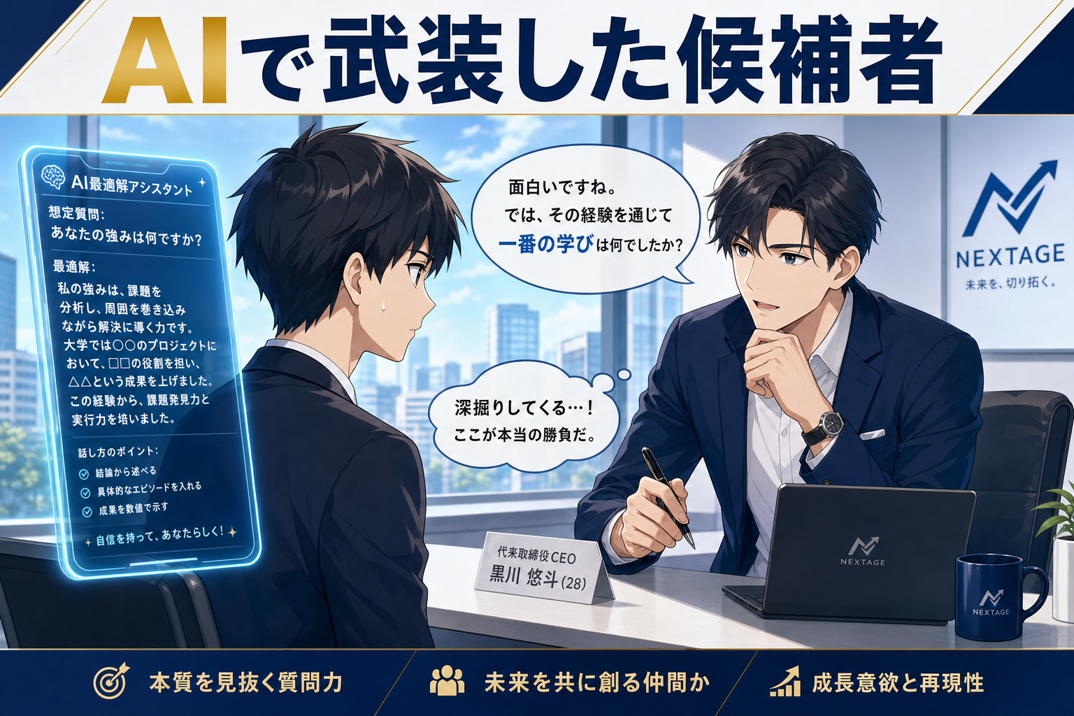 ビジネススーツ姿の2人の男性が、ノートパソコン、AIチャットインターフェース、書類が置かれた机を挟んで話し合っている。テキストやグラフィックを通じて、採用やキャリア形成におけるAI技術が紹介されている。.