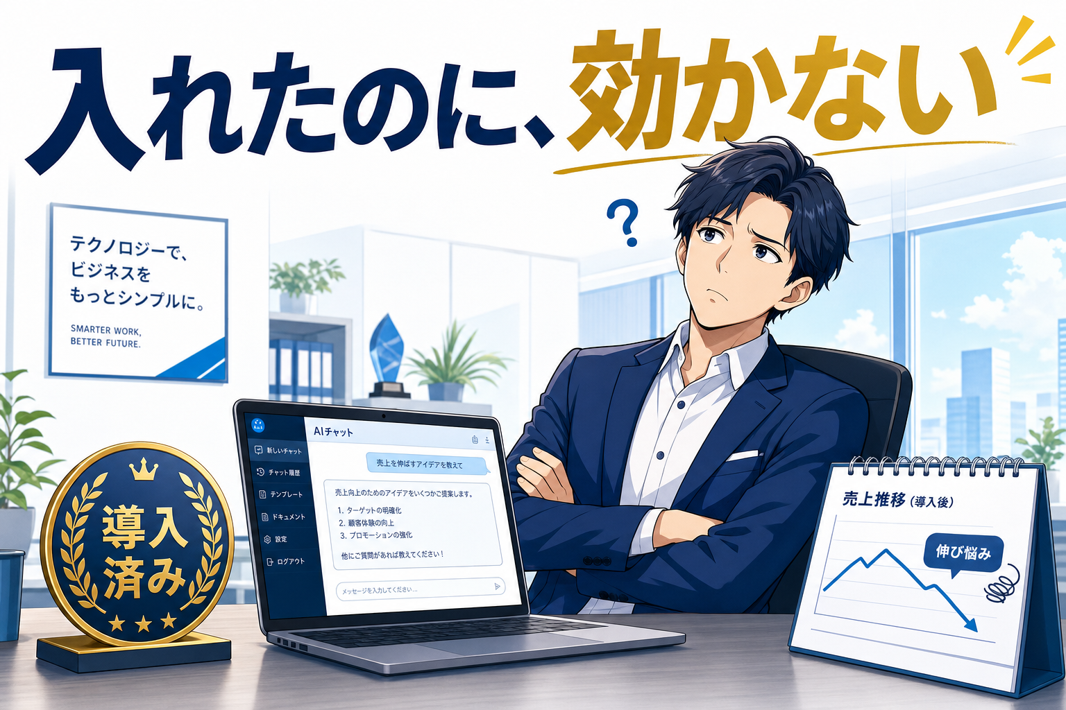 スーツ姿の男性が、チャートが表示されたノートパソコン、金色の賞状、そして疑問を帯びた表情を浮かべながら、机の前に座っている。彼の頭上には大きな日本語の文字が表示されている。背景にはビジネス関連のアイテムが置かれている。.
