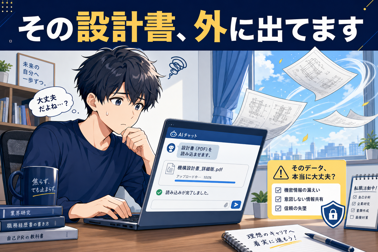 明るいオフィスで、アニメ風の若い男性が、デザイン資料やセキュリティ警告に囲まれながら、ノートパソコンを前に机に向かって仕事をしている。日本語のテキストには、データやデザインの安全性に関する懸念が記されている。.
