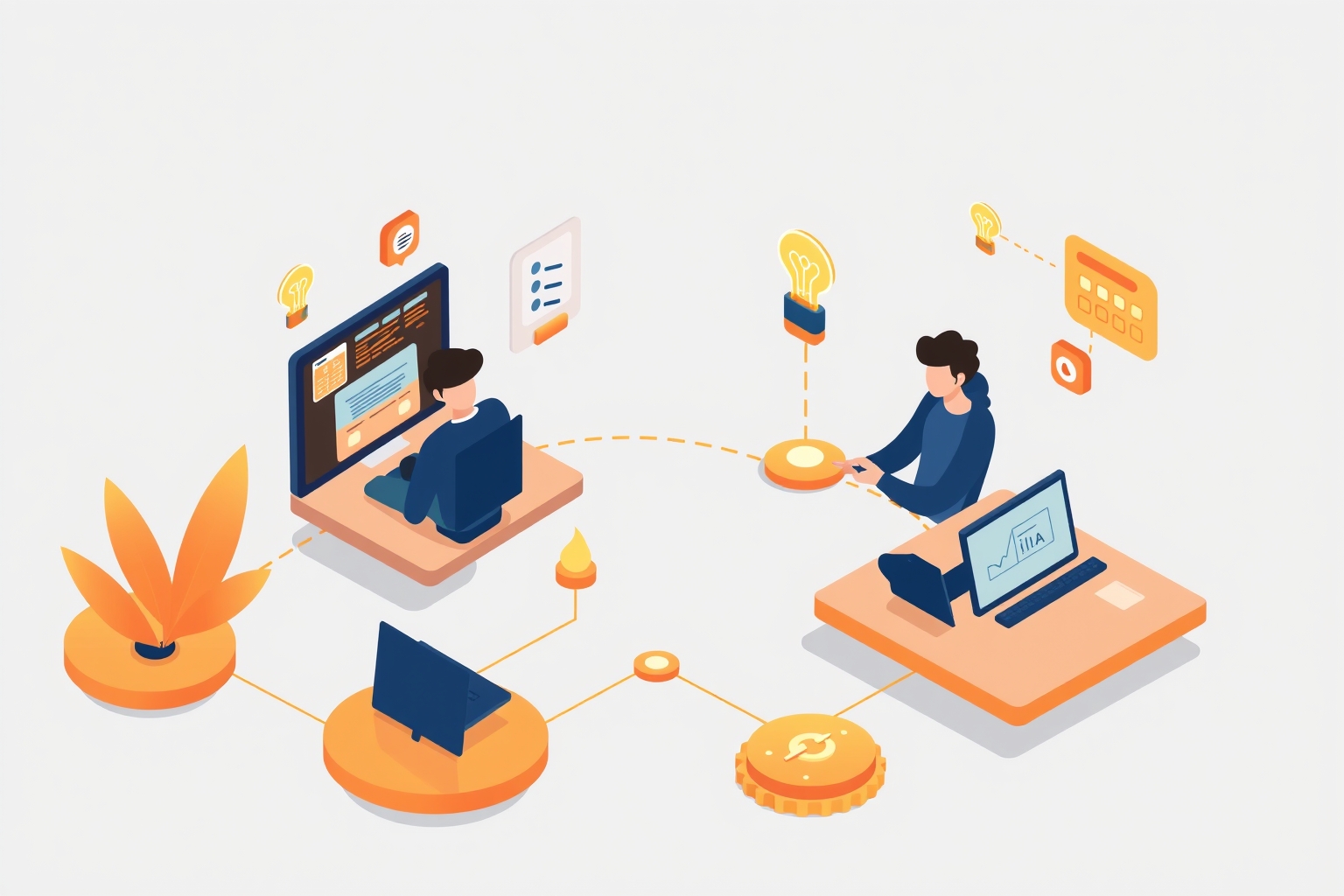 デジタルオフィスのネットワーク上で、コミュニケーション、データ、アイデアを表すアイコンでつながったデスクで、2人がコンピューターを使って仕事をしている。.