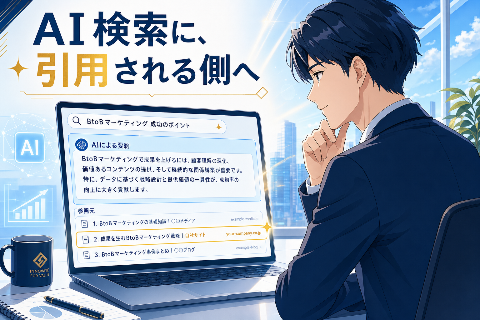 スーツ姿の男性が机に向かい、日本語で表示されたマーケティング関連の検索結果一覧が画面に映るノートパソコンを操作している。背景にはAIやデジタル関連のアイコンが見える。.