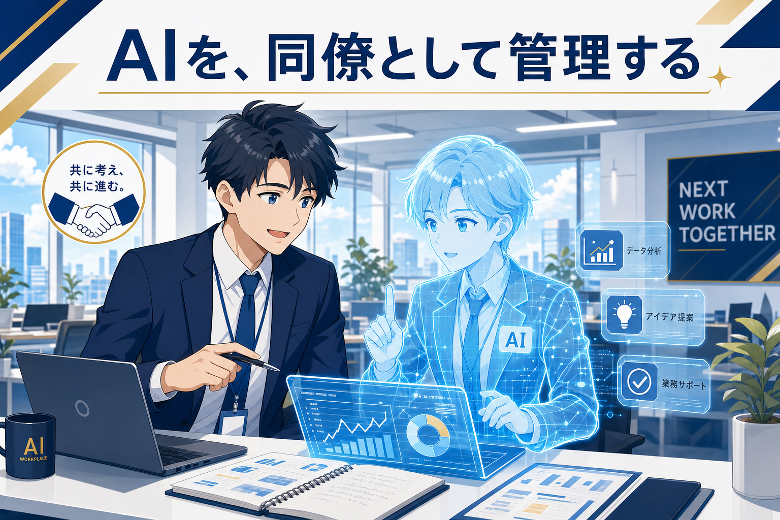 オフィスワーカーが、グラフやノートパソコンが置かれたデスクで、ホログラフィックのAI同僚と会話している。日本語のテキストには、AIを同僚として扱うことの重要性が訴えられている。.