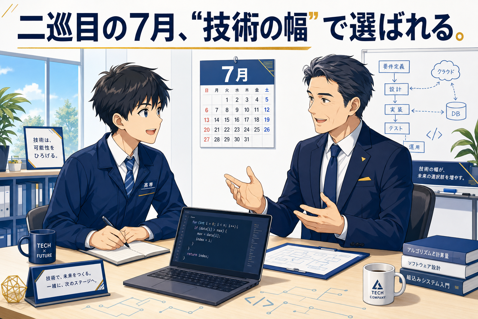 スーツ姿の男性2人が、ノートパソコン、タブレット、書類が置かれたデスクで仕事について話し合っている。カレンダーには7月と表示されている。オフィスにはマグカップや本、テクノロジーをテーマにした小物などが置かれている。.