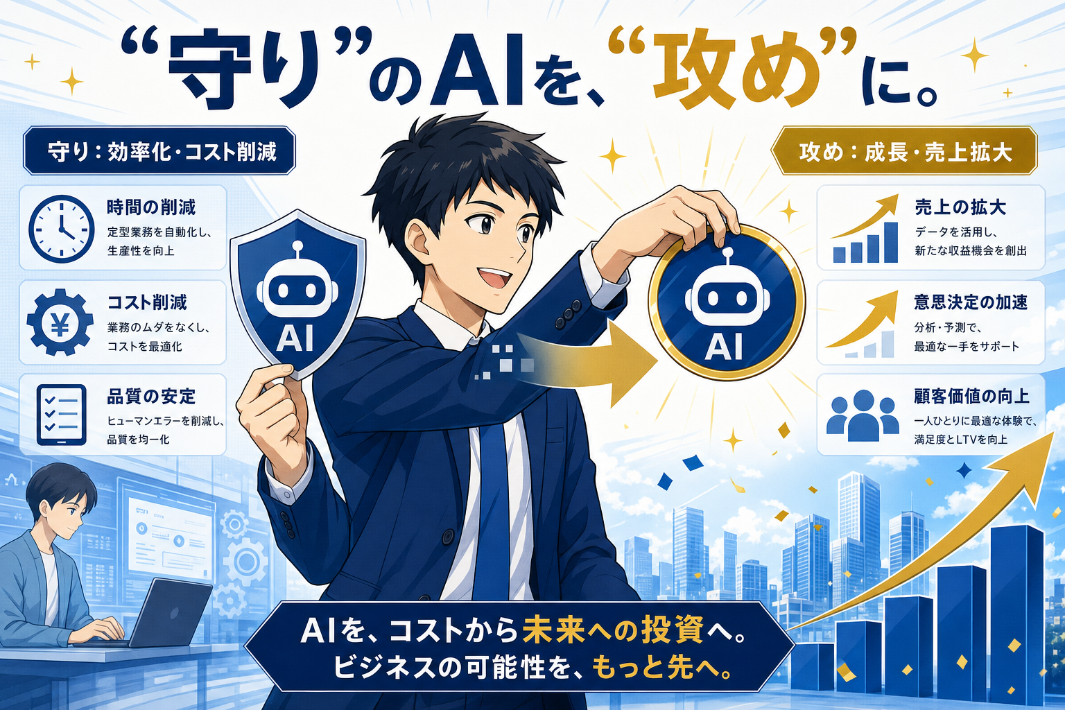 ビジネスパーソンがAIの盾とバッジを手に持ち、アイコンやグラフに囲まれた姿で、企業環境における効率化、コスト削減、事業成長のためのAI活用をアピールしている。日本語のテキストでは、主なメリットが強調されている。.