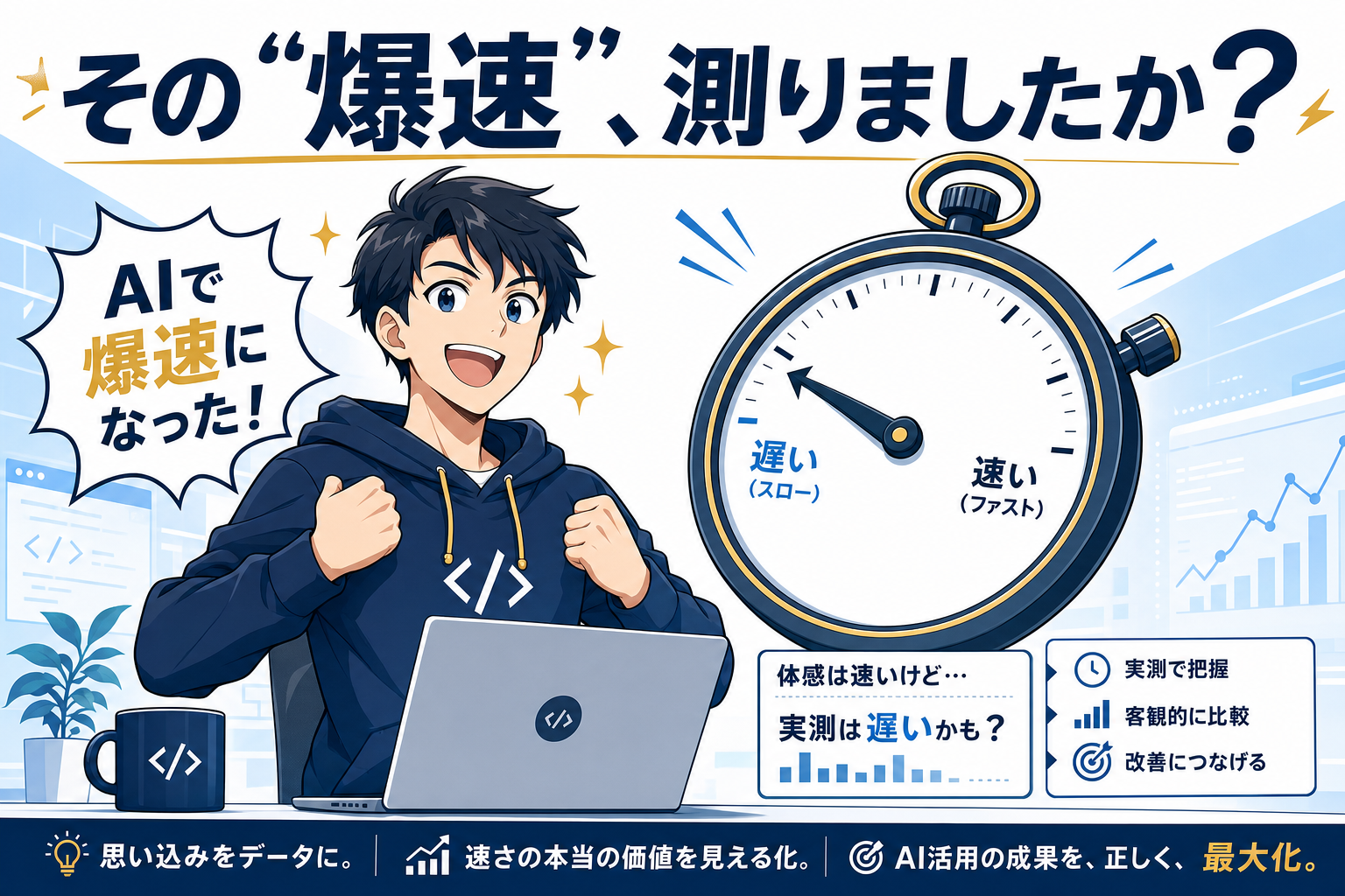 ノートパソコンの前に座ったアニメ風のキャラクターが、「slow」と「fast」と書かれたストップウォッチのグラフィックを指さしており、その横にはAIによって速度が向上することについて書かれた日本語のテキストがある。アイコンやキャプションで、正確な測定のメリットが説明されている。.