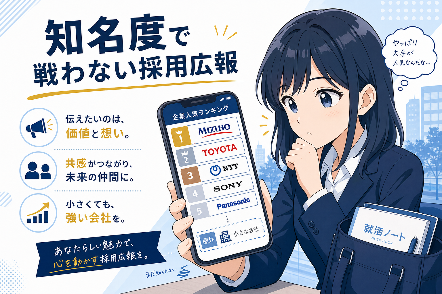スーツ姿のアニメ風の女性が、企業のランキング一覧が表示されたスマートフォンを見つめている。背景には、採用情報や企業の理念に関する日本語のテキストが表示されている。.