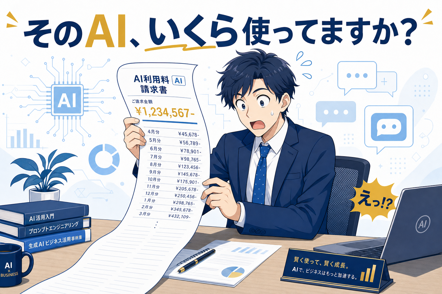 オフィス用品やAI関連のグラフィックに囲まれた中で、高額なAI利用料金の請求書を手にしたアニメ風の男性が、驚いた表情を浮かべている。画面の上部と両側には日本語のテキストが表示されている。.