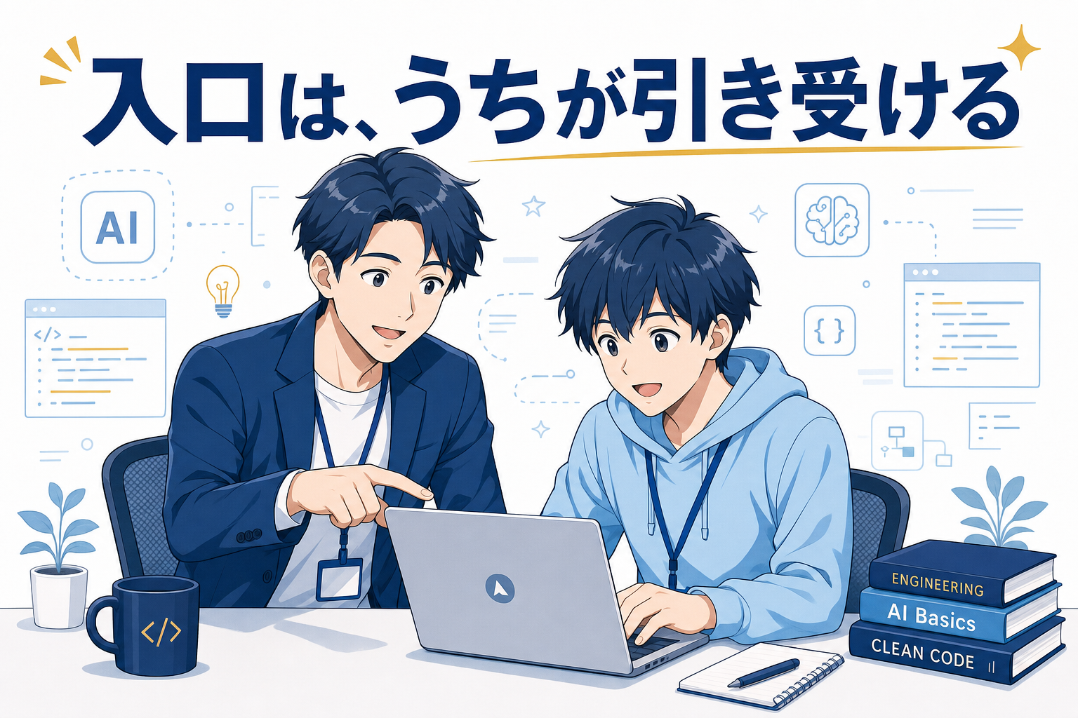 ノートパソコンを持った2人の若者が机に座り、画面に表示されている内容について話し合っている。その横には、「工学」、「AIの基礎」、「クリーンコード」と書かれた本が積み重ねられている。上には日本語のテキストがある。.