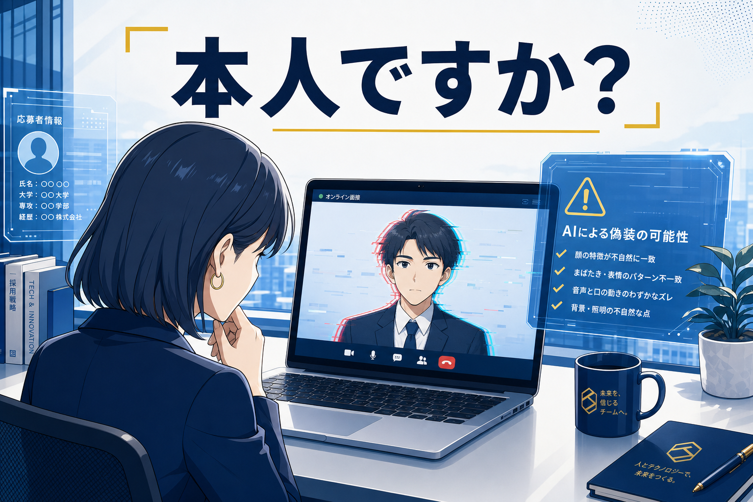 机の前に座った女性が、男性とのバーチャル面接が映し出されたノートパソコンの画面を見つめている。画面の周囲には、AIによる本人確認を示唆する日本語のテキストやグラフィックが表示されている。.