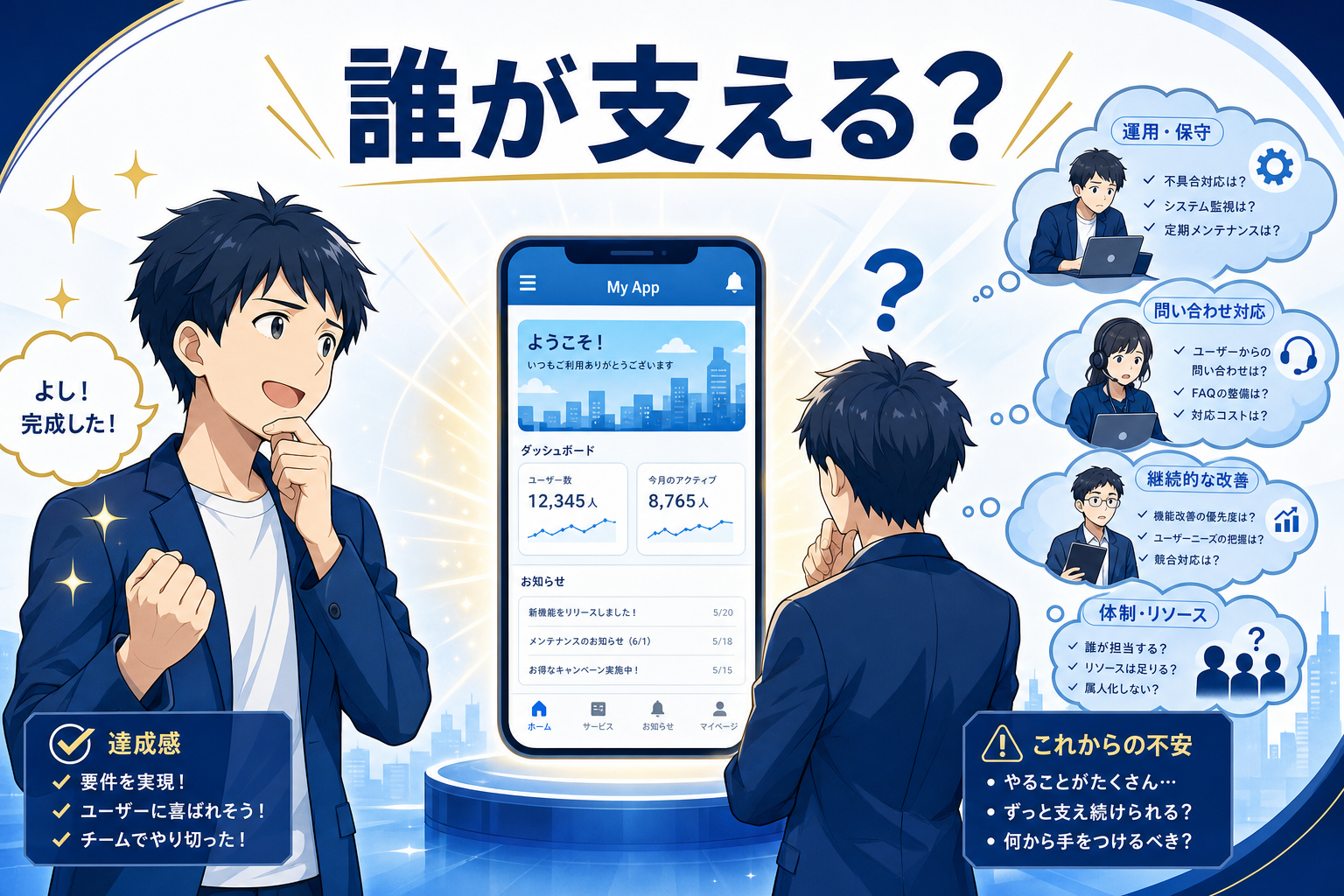 スマートフォンでビジネスアプリを見ている若者のイラスト。達成を表すアイコンとストレスを表すアイコンが描かれており、職場でのサポートと不安を象徴している。.