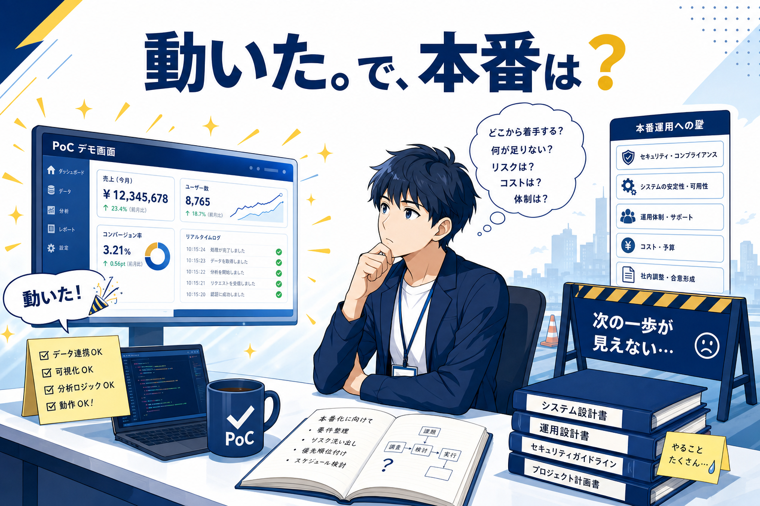 ビジネスシーンを舞台に、机の前に座り、チャートや本、ノートパソコンを前にした男性のイラスト。周囲には、PoCの進捗状況、パフォーマンスデータ、今後の手順に関する日本語のテキストが配置されている。.