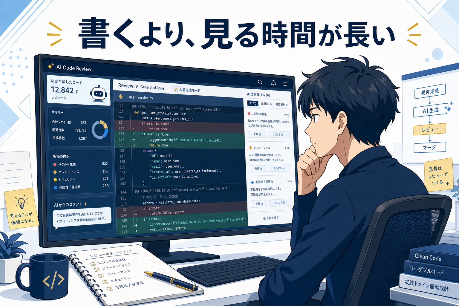 モダンなオフィスで、ある男性が机に向かい、大型モニターでコードを確認している。画面の上部やさまざまなインターフェース要素には、日本語のテキストが表示されている。.