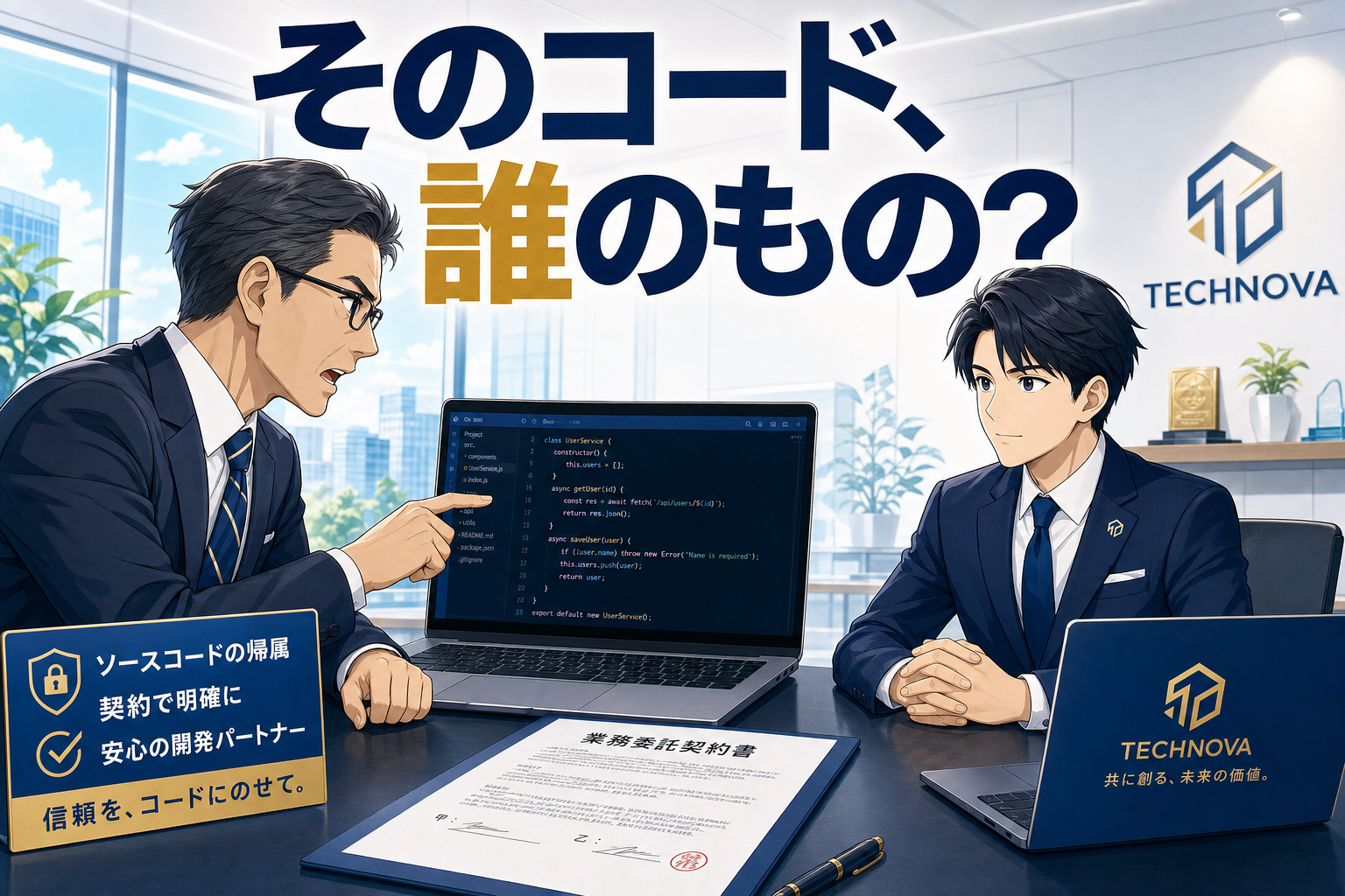 モダンなオフィスで、スーツ姿の2人のビジネスマンが、ノートパソコンに表示されたコードについて話し合っている。署名済みの契約書と「TECHNOVA」のロゴが見える。壁やディスプレイカードには日本語のテキストが表示されている。.