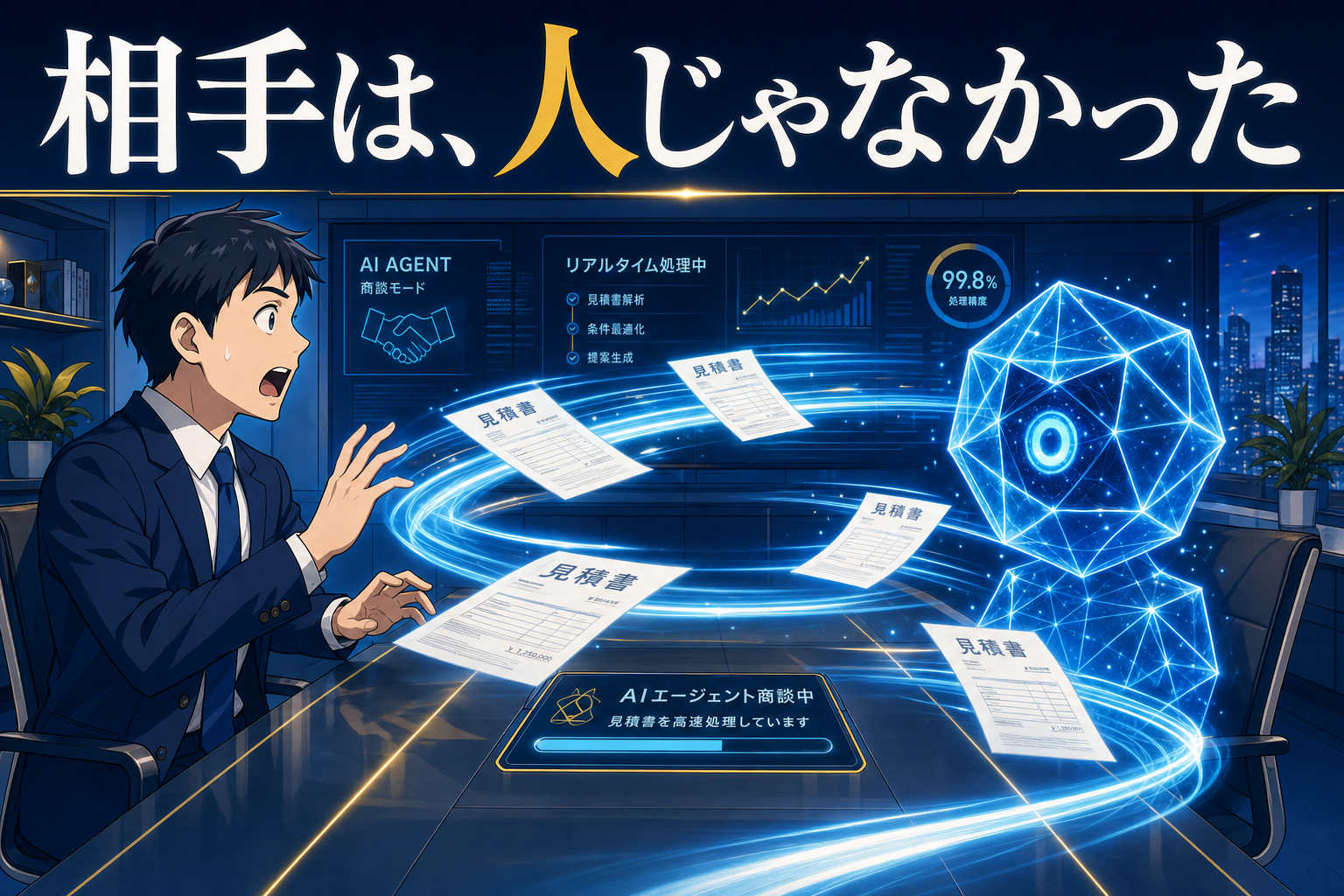 ある男性が、文書やデータを表示する光り輝くAIエージェントとやり取りしている。画面上部には日本語のテキストが表示され、背景には未来的なオフィスの要素が映し出されている。.