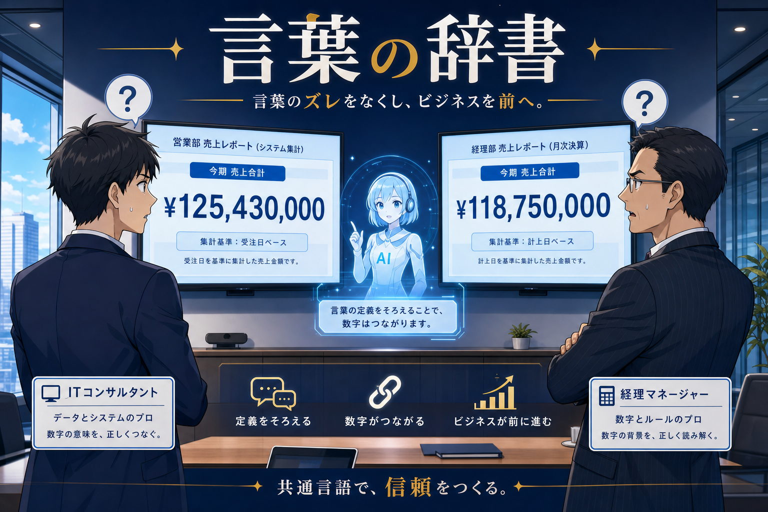 モダンなオフィスで、2人のビジネスマンが会話を交わしている。そのオフィスには、売上高を表示する大型スクリーンと青いAIアシスタントがあり、スクリーンの上下にはAIやビジネスコミュニケーションに関する日本語のテキストが表示されている。.