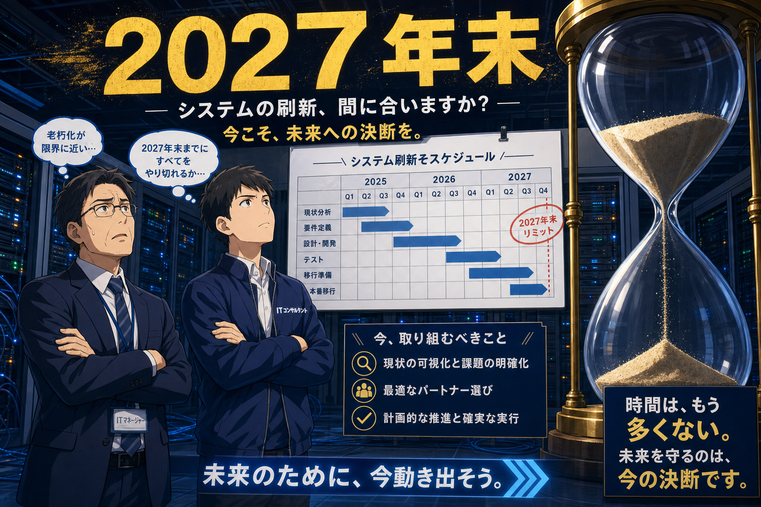 スーツ姿の2人の男性がサーバールームに立ち、2027年のシステム更新に向けたプロジェクトのスケジュール表を見ている。砂時計が緊急性を象徴しており、ITシステムの刷新や意思決定について論じる日本語のテキストが添えられている。.