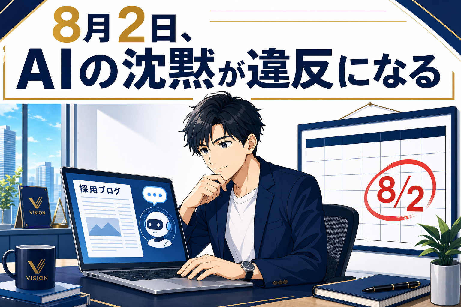 活気あふれる男性が机に向かい、ノートパソコンの画面にはAI関連のブログが表示されている。大きなカレンダーには、8月2日が赤丸で囲まれている。画面の上部には日本語のテキストがタイトルとして表示されている。.