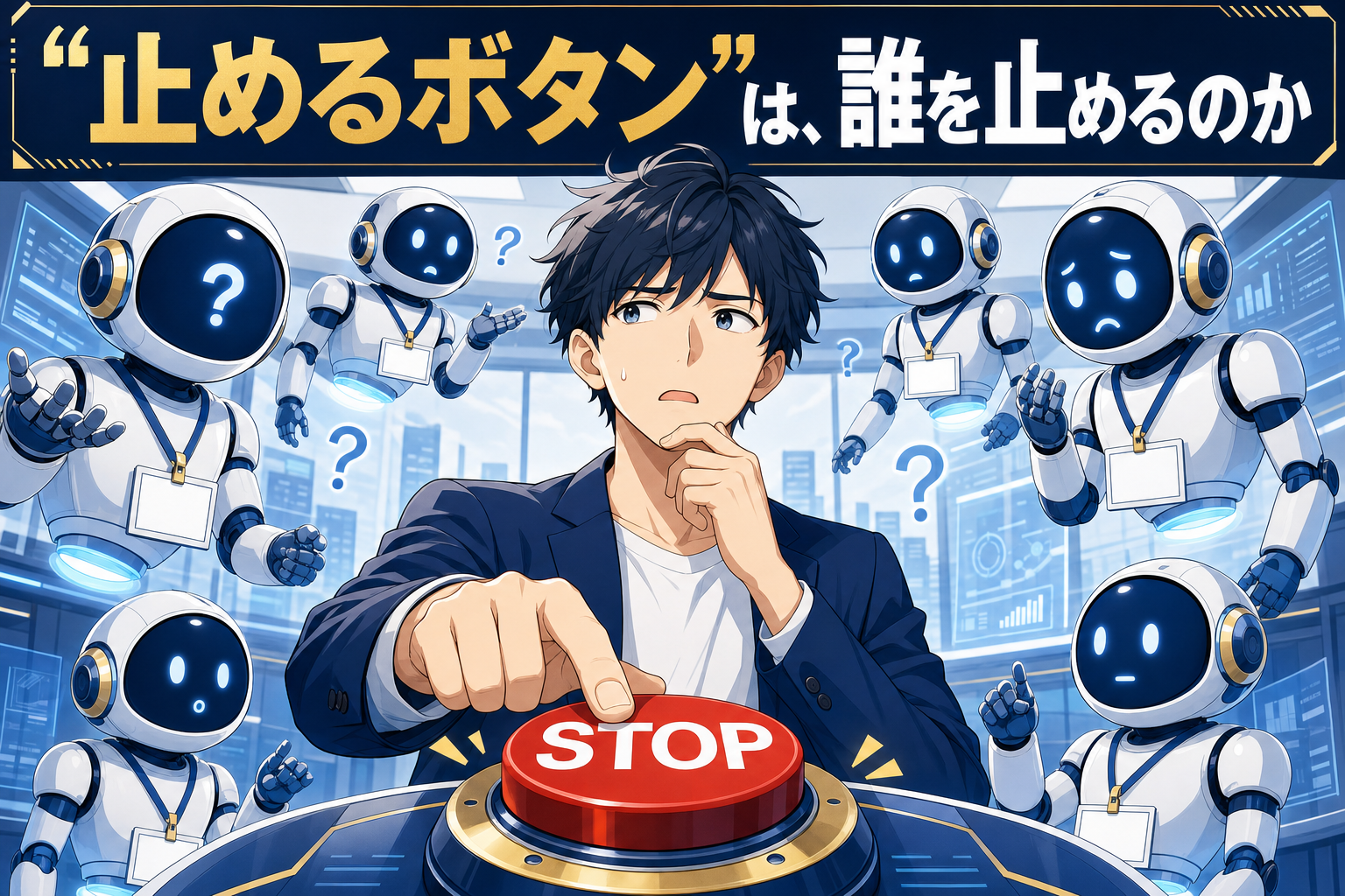 疑問符のついたロボットたちに囲まれた男性が、赤い「STOP」ボタンを押している。画像の上部に日本語のテキストが表示されている。.