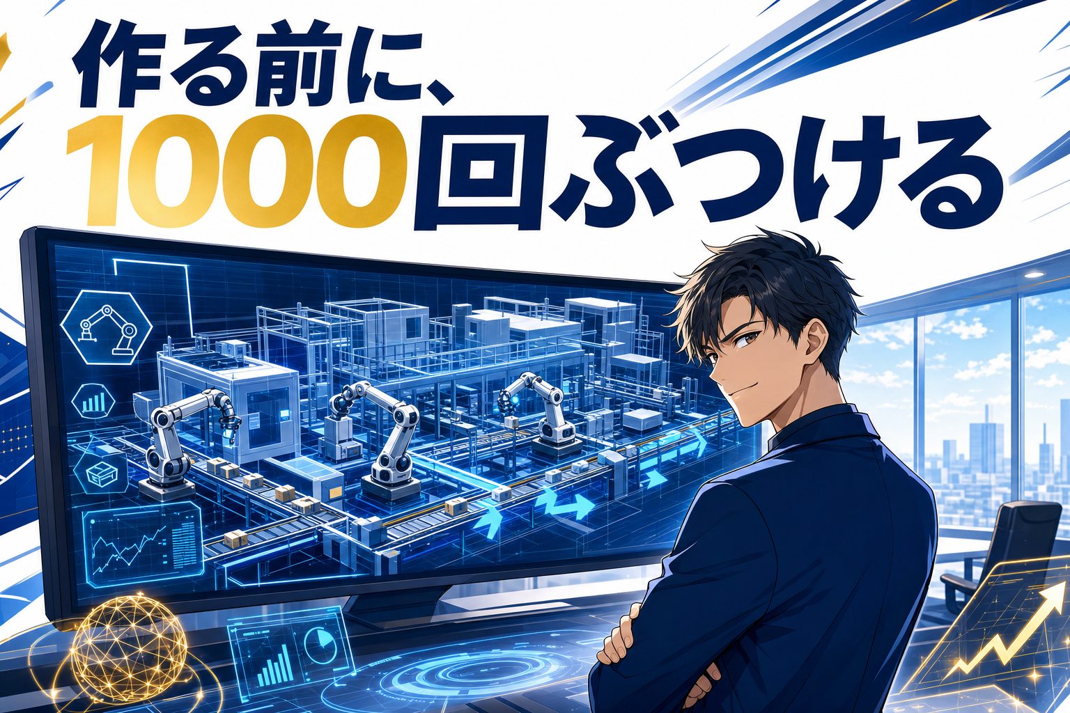 アニメ風の男性が、ロボットによる工場のシミュレーション映像が映し出された大型スクリーンの前に立っている。その頭上には、日本語のテキストと太字の数字が表示されている。.