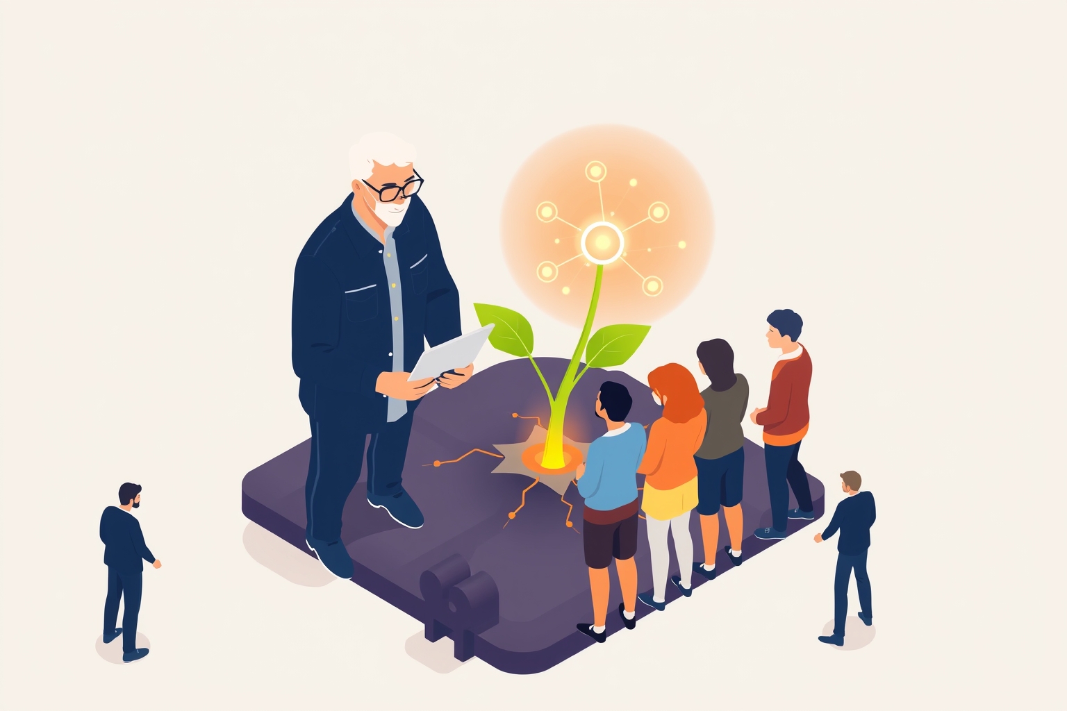 光り輝く植物のそばで、大きな人物が紙を読み上げている一方、小さな人々のグループが列をなして、本から生えてくる植物を見つめている。.