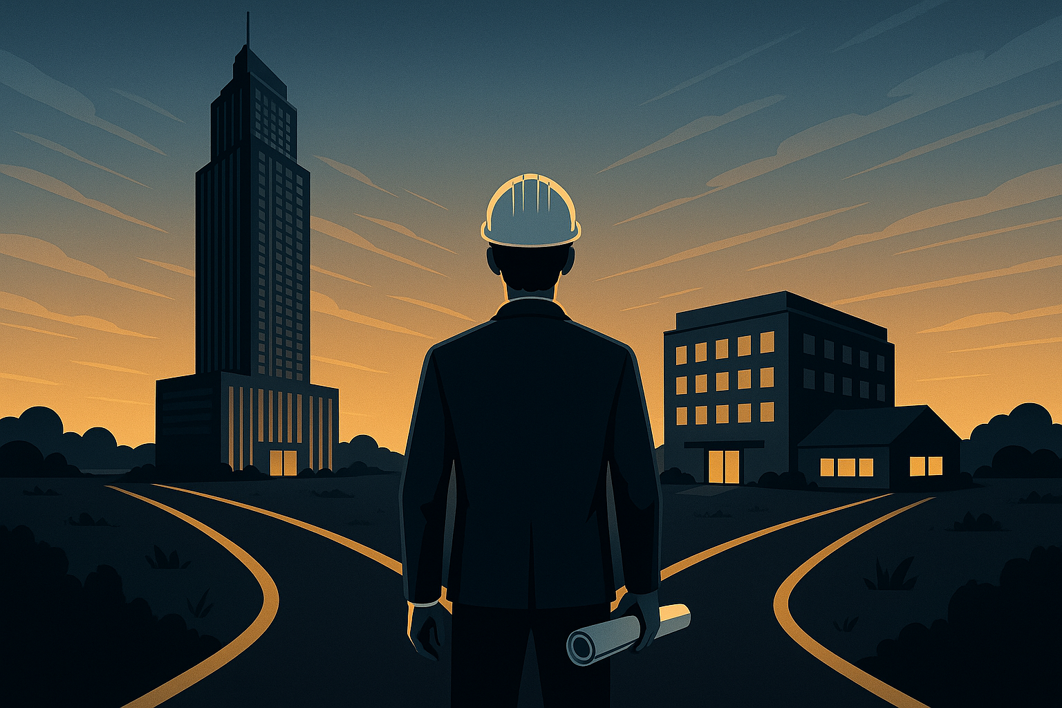 夕暮れ時、スーツにヘルメット姿の男が、道路の分かれ道に立ち、建築図面を手にしている。一方の道には高層ビルが、もう一方の道にはそれより小さな建物が並んでいる。.