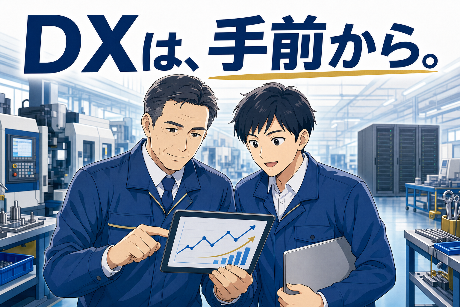 近代的な工場内で、青い作業服を着た2人の男性が、上昇するグラフが表示されたタブレットを確認している。その上にある日本語のテキストには、「DXは、手前から。」と書かれており、これは「DXはあなたから始まる」という意味だ。.