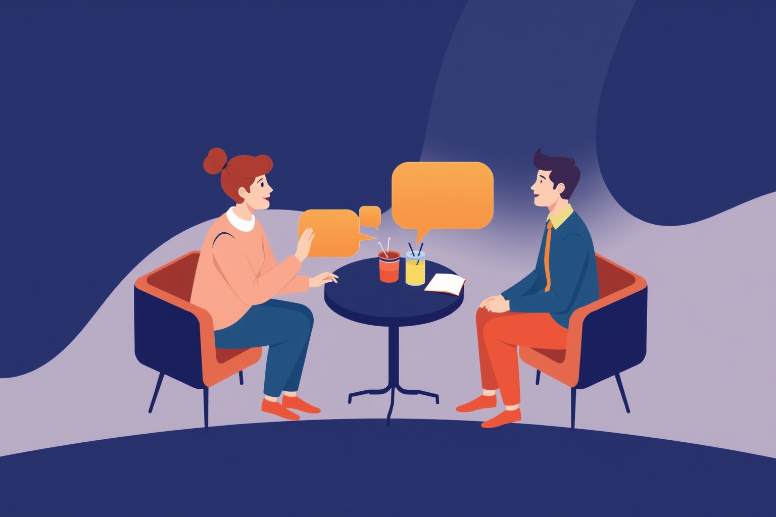 暗い抽象的な背景を背に、丸いテーブルを囲んで座り、会話を交わしている2人の人物が描かれており、頭上には吹き出しがあるイラスト。.