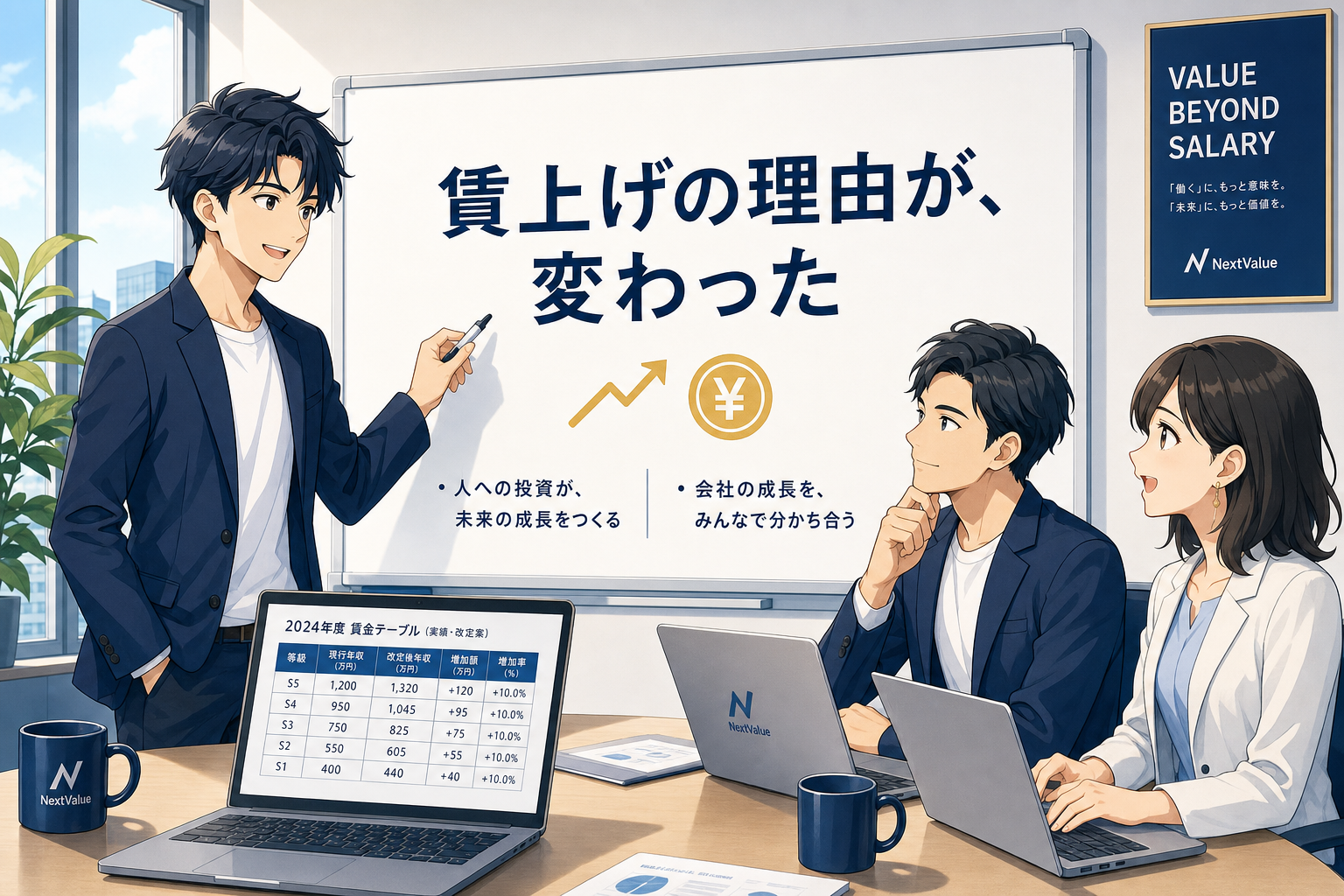 3人の専門家が、現代のオフィスにおける昇給について議論しています。その際、財務データを示したグラフやプレゼンテーション資料、そして昇給の理由に関する日本語のテキストが用いられています。.