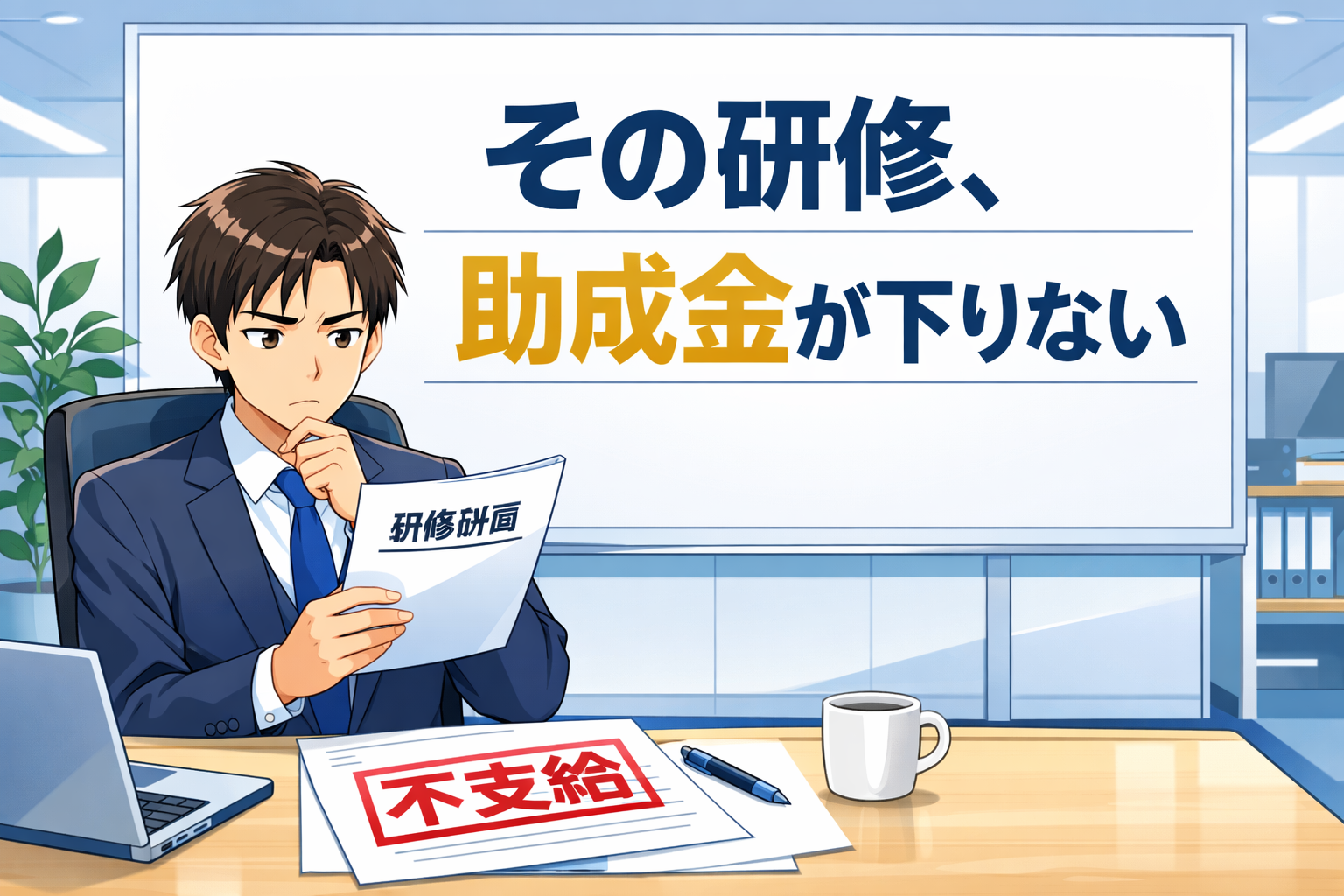 オフィスで、ある男性が「研修計画」と「不支給」と書かれた書類を、心配そうな表情で確認している。彼の背後の看板には「その研修、助成金が下りない&hellip;」と書かれている。.
