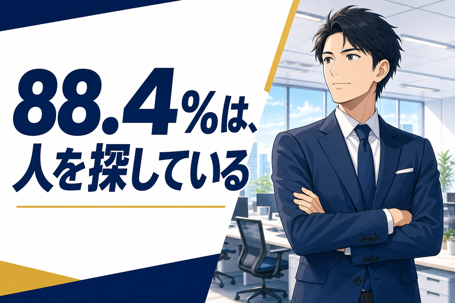 スーツ姿の男性がオフィスで自信に満ちた様子で立っている。日本語のテキストには「88.4%は、人を探している」と書かれている。.