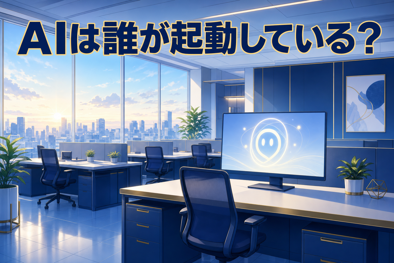 青いインテリアが施されたモダンなオフィス。大きな窓からは街並みが望め、コンピューターの画面には笑顔のAIアイコンが表示されている。その上には「AIは誰が起動している？」という日本語のテキストが書かれている。.