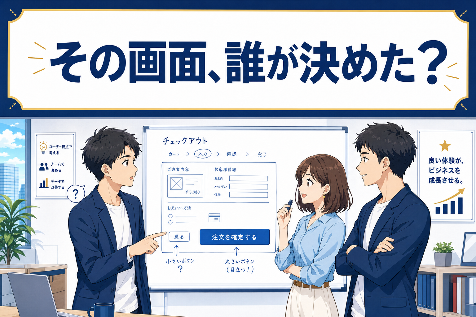 モダンなオフィスで、3人がホワイトボードに描かれたデジタルチェックアウトのインターフェースについて話し合っています。ホワイトボードには図表や付箋が貼られています。シーンの上部と横には日本語のテキストが表示されています。.