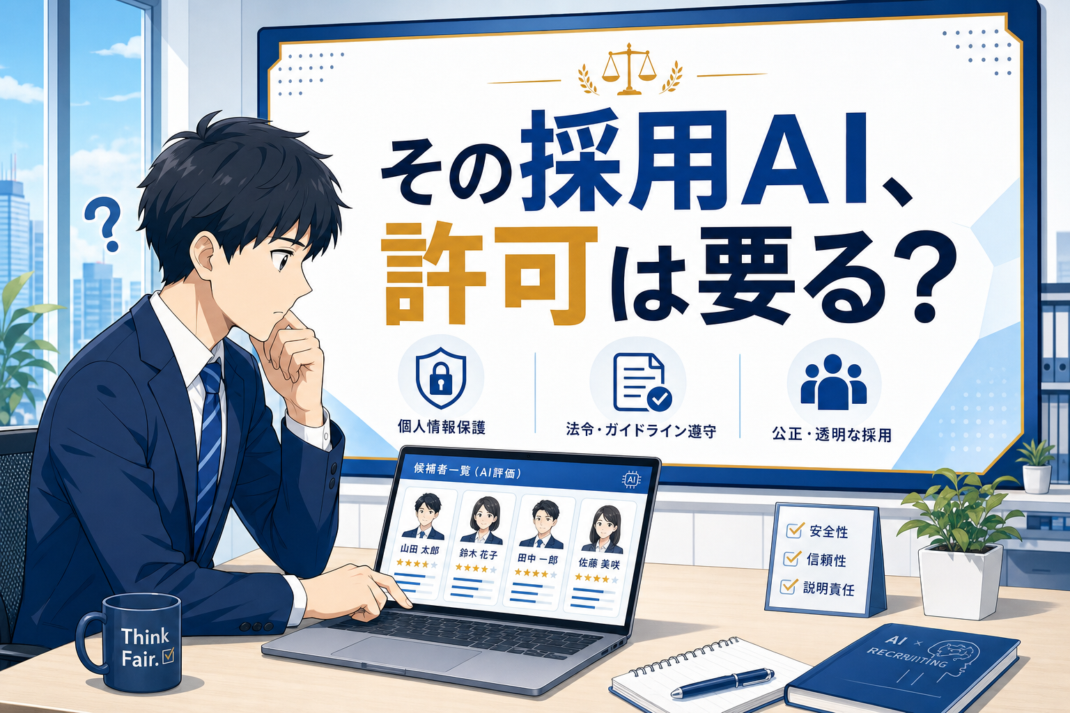 オフィスにいる男性が、候補者のプロフィールが表示されたノートパソコンを見つめている。彼の背後には、AIを活用した採用とコンプライアンスに関する日本語の大きな看板があり、そこには安全性、公平性、透明性に関するチェックボックスが並んでいる。.