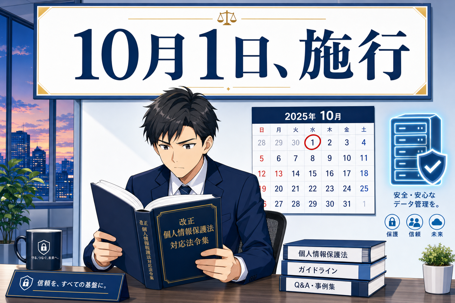 2025年10月のカレンダー、街並みの風景、セキュリティのアイコンが置かれた机で、男性が本を読んでいます。日本語のテキストには、個人情報保護に関する10月1日の法律または方針の施行について記載されています。.