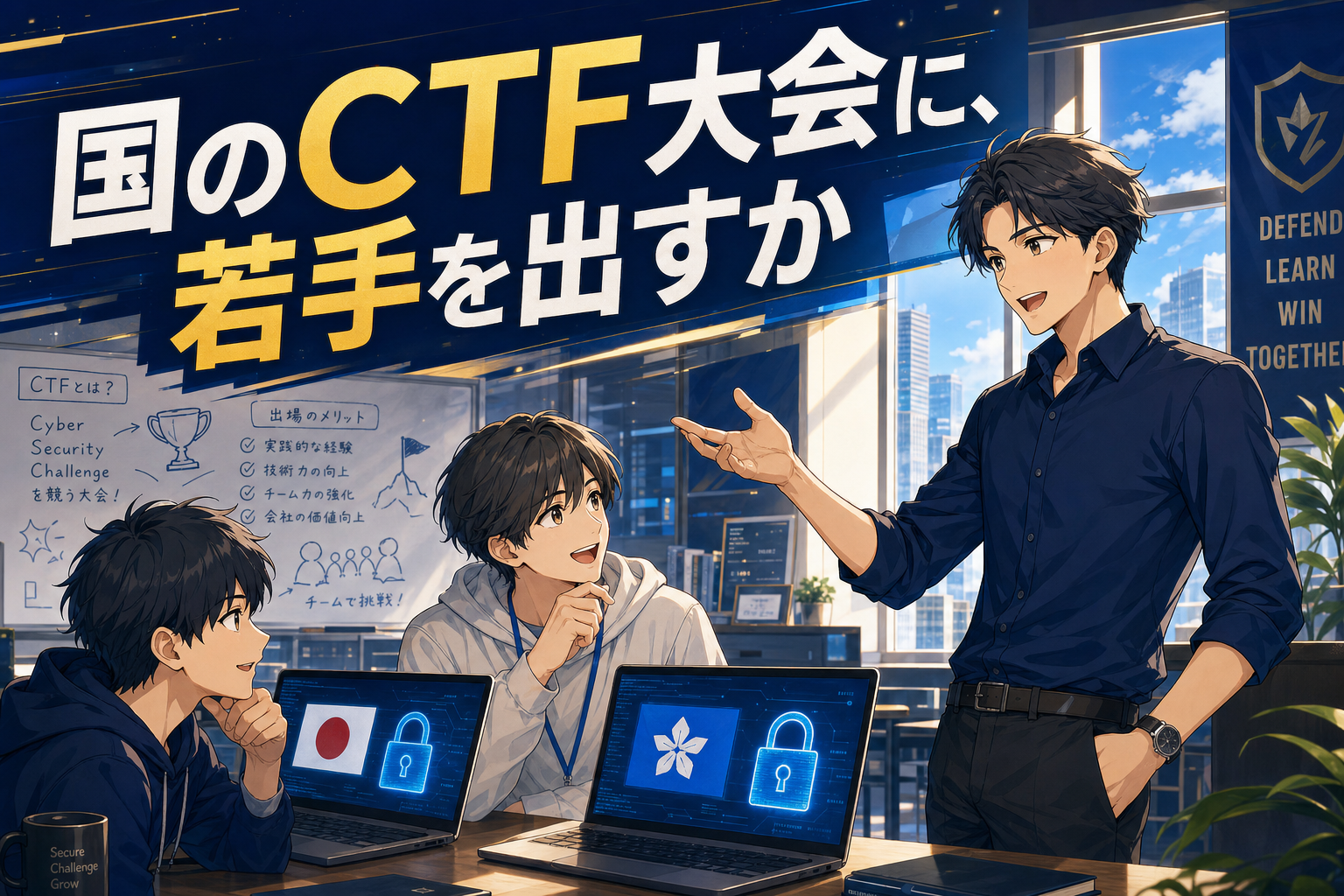 現代的なオフィスで、3人の若い男性がサイバーセキュリティの課題について話し合っている。彼らの背後には、日本の国旗が表示されたノートパソコンと、「CTF」と書かれたホワイトボードがある。.