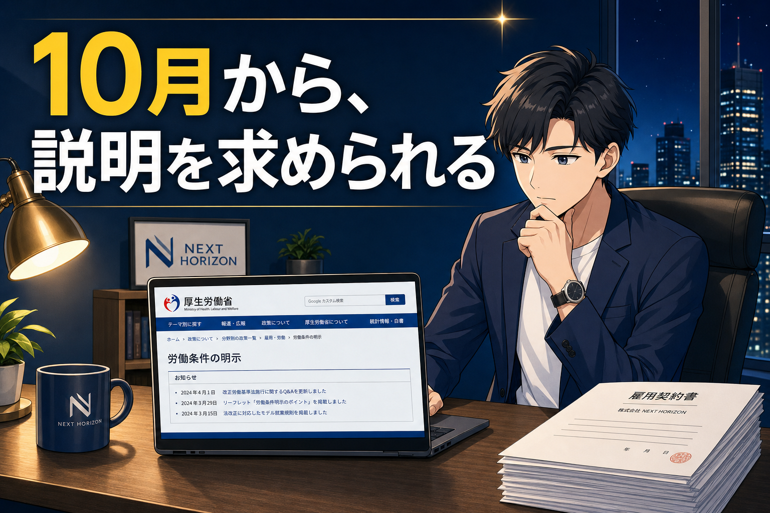 ある男性が机の前に座り、ノートパソコンの画面には労働法のウェブサイトが表示されている。その横には会社の資料が置かれており、その上には「10月から、説明が義務付けられます」という日本語の文章が書かれている。.