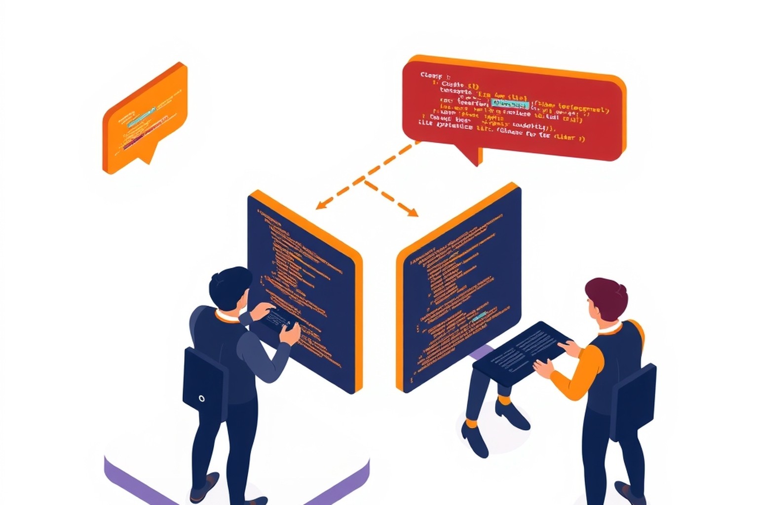 ビジネススーツ姿の2人が、コードが表示された大型スクリーンに向き合い、プログラミングの共同作業やコードレビューを行っている様子がうかがえ、吹き出しからは議論が交わされていることが示唆されている。.