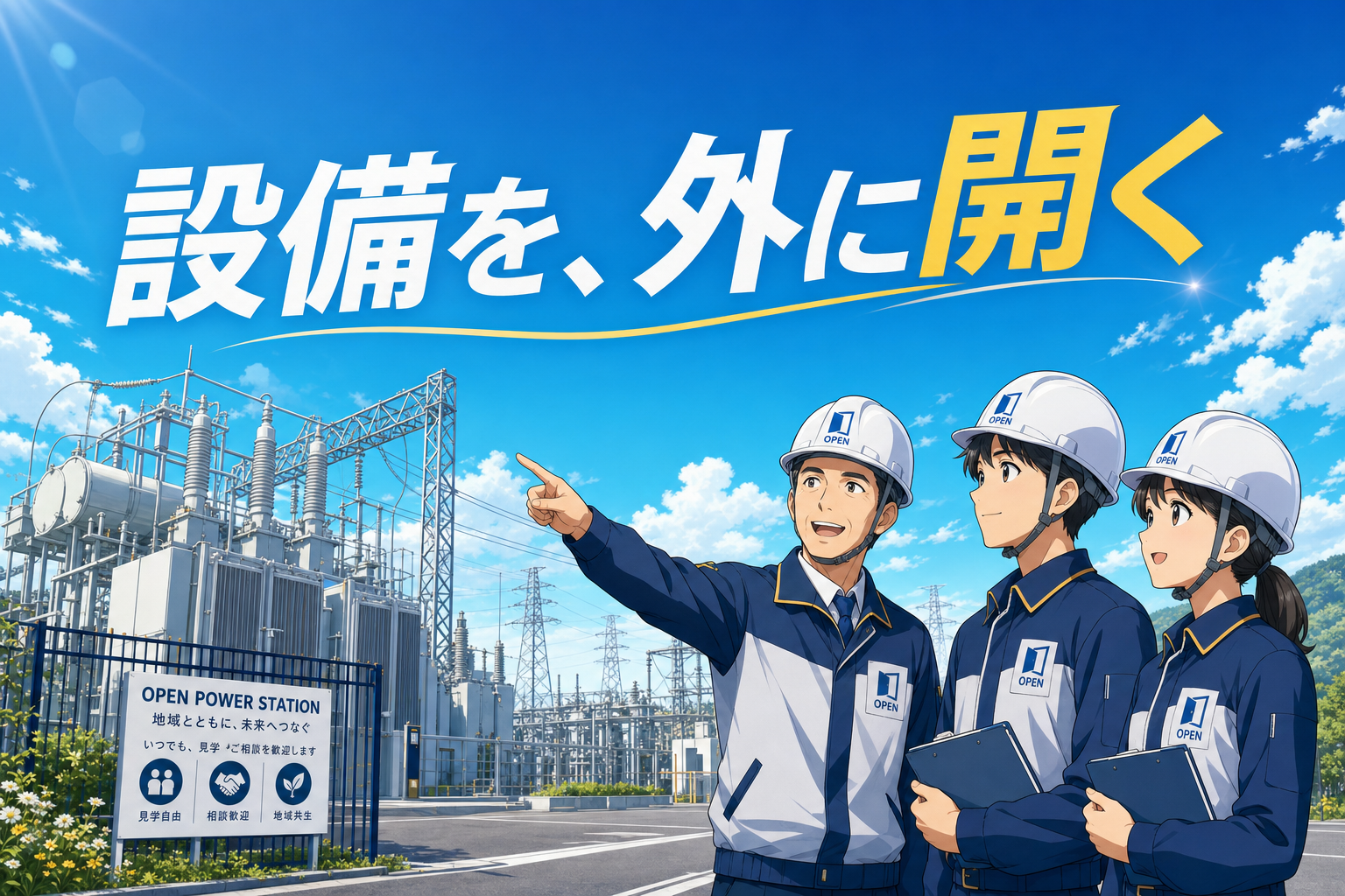 制服とヘルメットを着用した3人の作業員が、屋外の発電所の前に立ち、看板を読んでいる。彼らの頭上には大きな日本語の文字が書かれており、背景には青い空と雲が広がっている。.
