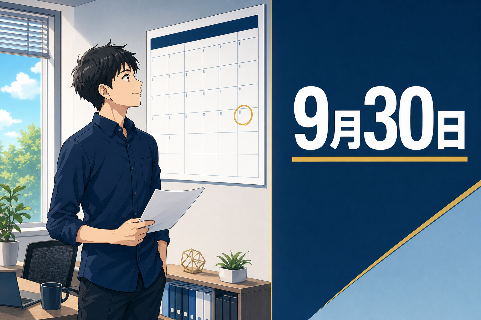 オフィスにいるアニメ風の男性が、日付に丸印がついたカレンダーを見つめている。その横には9月30日という文字が書かれている。.