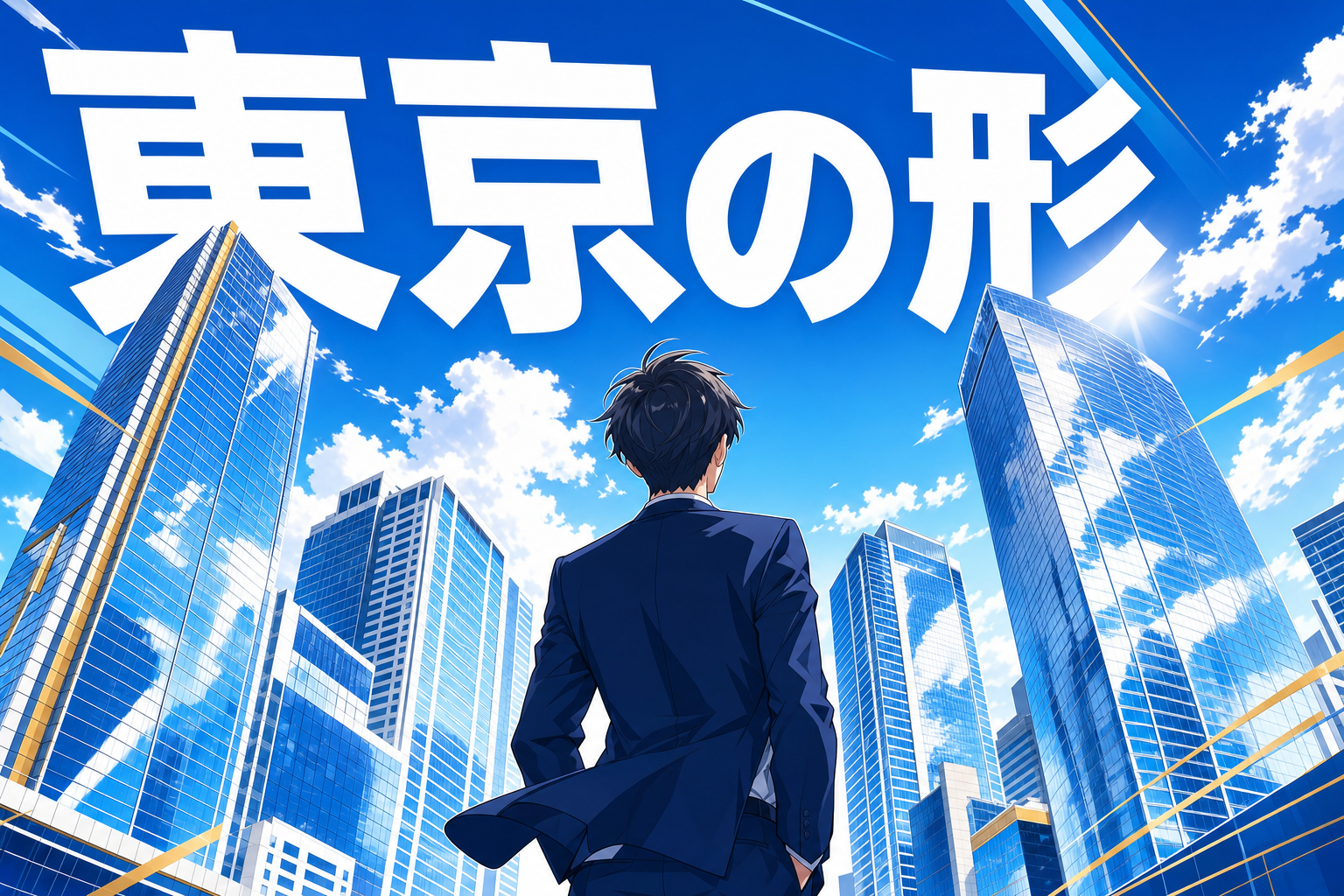 青い空の下、スーツ姿の人物が都会の超高層ビルを見上げている。その頭上には、東京の形という大きな日本語の文字が掲げられている。.